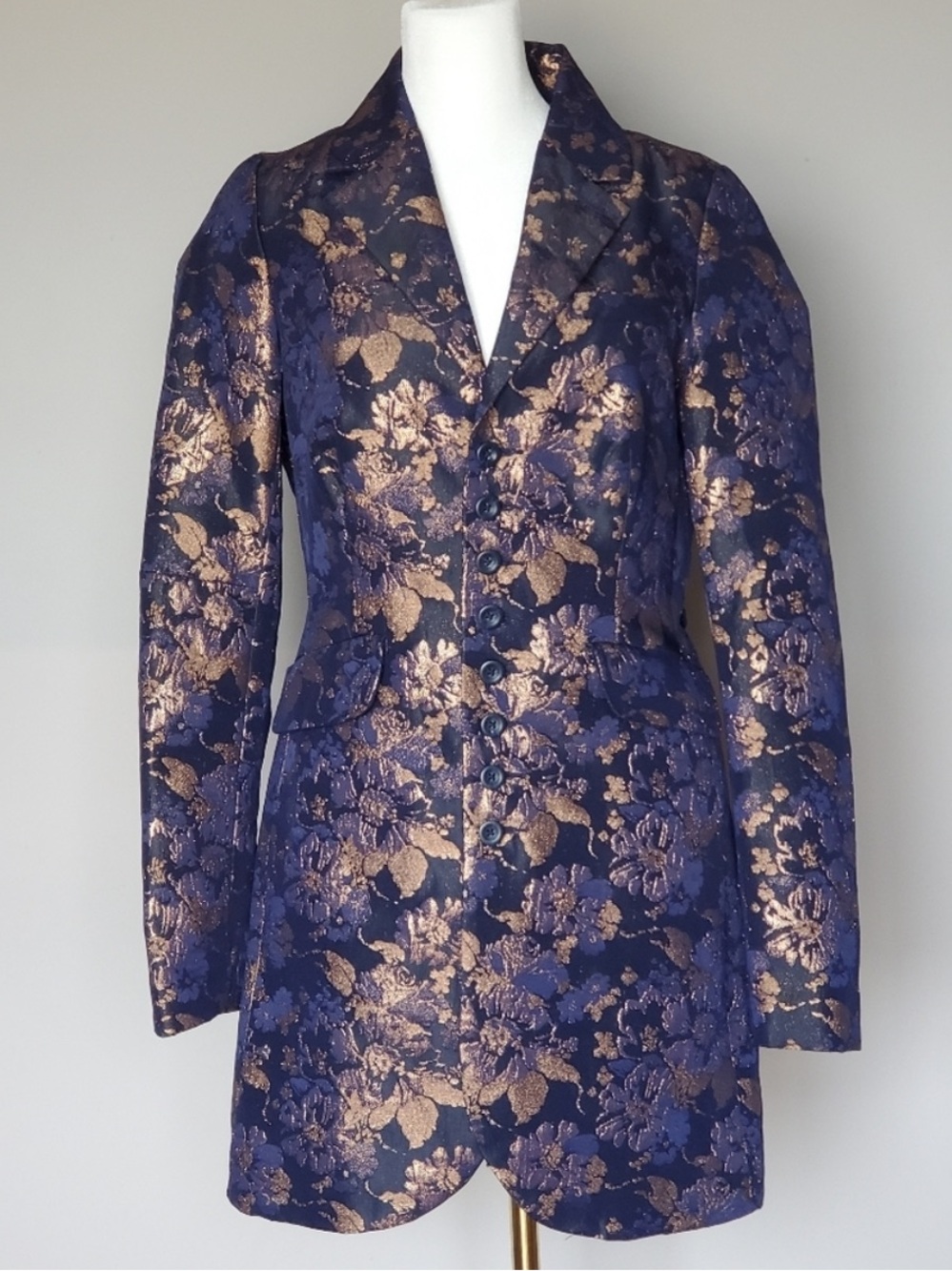Free People Metallic Brocade Damask Navy Gold Floral Print Button Front Blazer 2